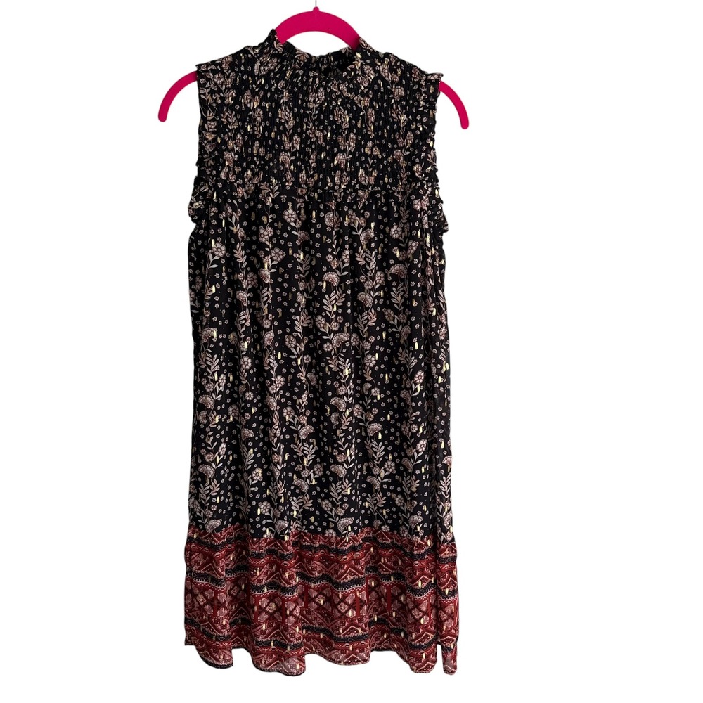 NWT MAURICES Metallic Black Floral Smocked Neck Mini Shift Ladies Dress, S